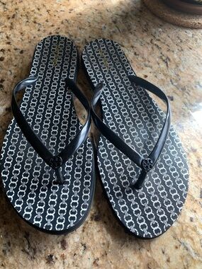 Tory Burch Black & White Logo Print Flip Flop Sandals